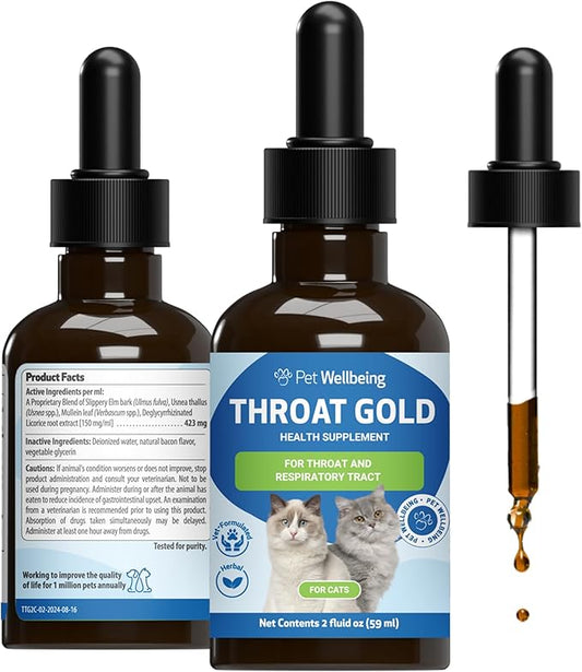 Pet Wellbeing Throat Gold for Cats - Supports Throat Comfort, Upper Respiratory Health, Occasional Throat Hoarseness, Slippery Elm, Mullein - Veterinarian-Formulated Herbal Supplement 2 oz (59 ml)