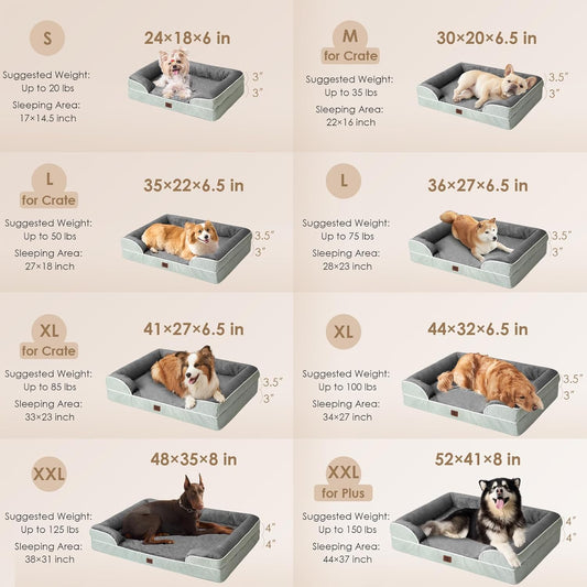 EHEYCIGA Orthopedic Dog Beds for Extra Large Dogs, Waterproof Memory Foam XXL Dog Bed with Sides, Non-Slip Bottom and Egg-Crate Foam Big Pet Couch Bed with Washable Removable Cover, Greyish Green