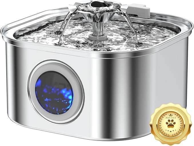 Cat Water Fountain Stainless Steel, 3.2L/108oz Cat Fountain with Large Water Level Window, Pet Water Dispenser with Quiet Pump Ideal for Cats, Dogs and Multi-pet Household