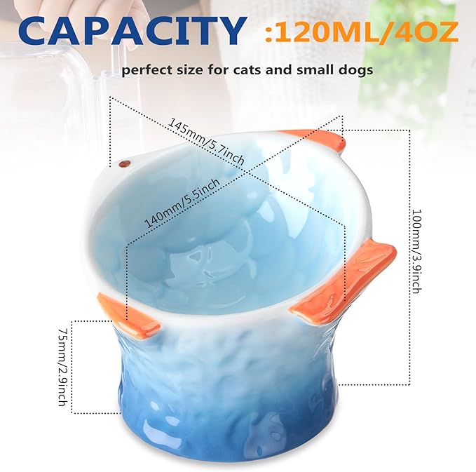 Tioncy 2 Pcs Raised Tilted Ceramic Cat Food Bowl Fish Shape Cute Elevated Slanted Shallow Angled Cat Dish Non Slip Feeder Bowl for Anti-Vomiting and Whisker Fatigue(Blue, Green)