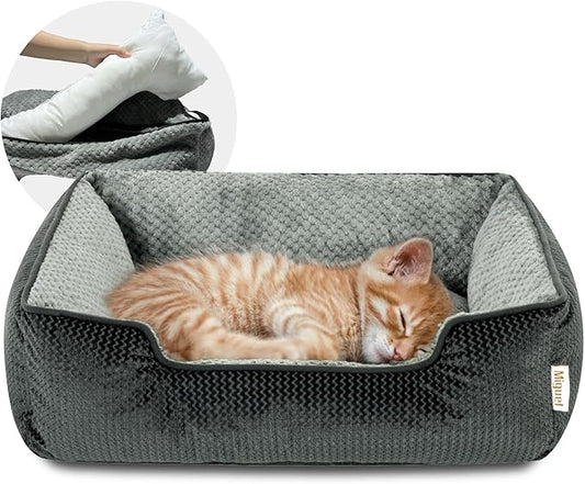 Miguel Cat Bed for Indoor Cats Washable Removable Cover - Small Pet Bed with Side Square Dog Bed Rectangle Soft Puppy Bed Bolster Cuddle Kitten Bed with Wall Non-Slip Bottom, Dark Gray 20 Inch