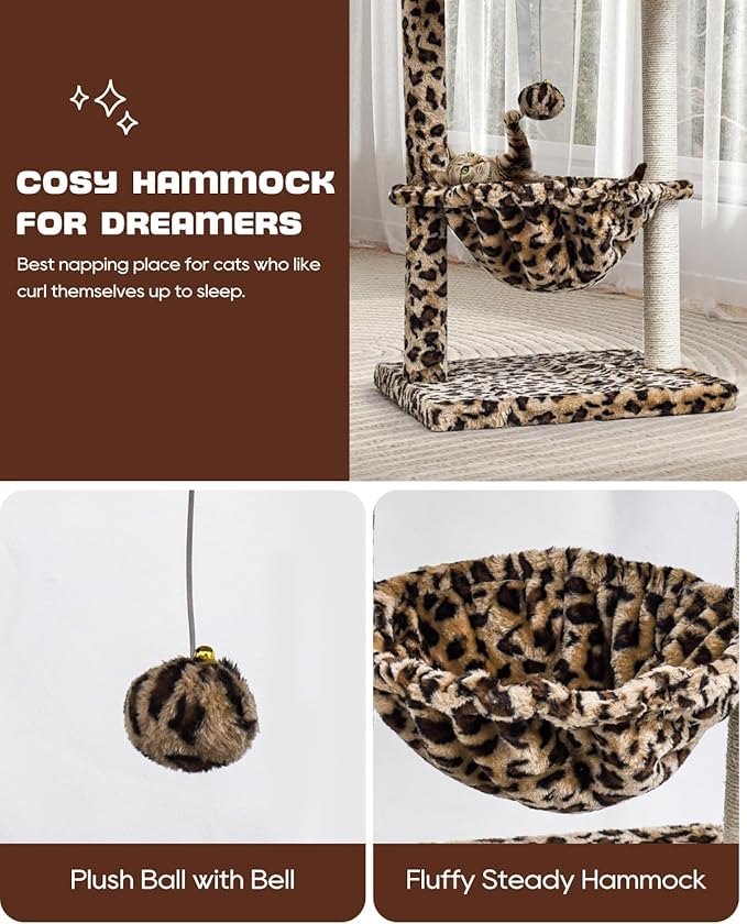 SYANDLVY Small Cat Tree for Indoor Cats, Unique Leopard Print Cat Tree Tower for Kitties, Condo Furniture with Hammock & Sisal Scratching Posts
