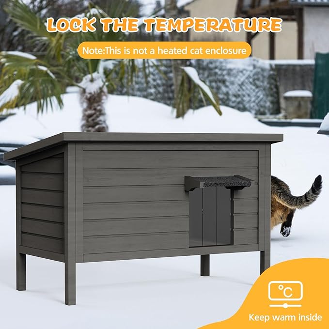 Outdoor Cat House for Winter Waterproof Feral Cat House, All-Round Foam Insulated and Thermostatic Large Outdoor Cat Shelter, Solid Wood Cat Condos for Multiple Cats 34.4 "L * 21.7" W * 27.2"H