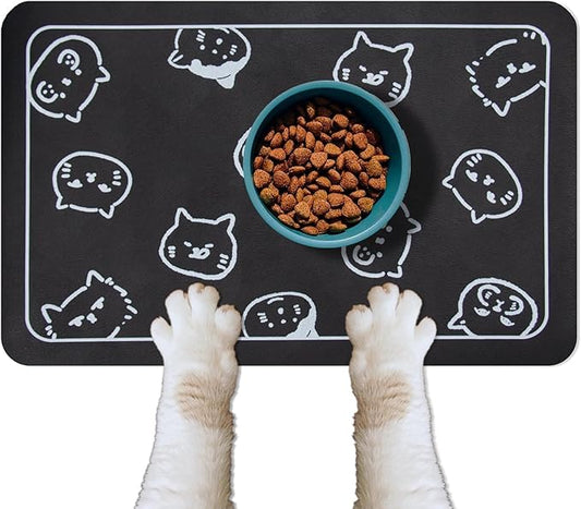 YCT Cat Food Mat for Pet Dogs - Non-Slip Super Absorbent, with Multiple Cat Heads Logo, 18.1 x 11.8 Inches, Black