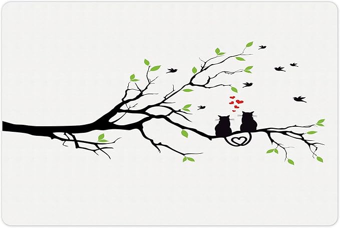 Lunarable Cat Lover Pet Mat for Food and Water, Animals in Love on Tree Branch Flying Birds Nature Romance Illustration, Non-Slip Rubber Mat for Dogs and Cats, 18" X 12", Lime Green