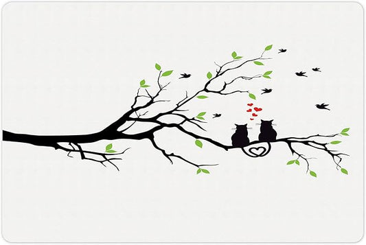 Lunarable Cat Lover Pet Mat for Food and Water, Animals in Love on Tree Branch Flying Birds Nature Romance Illustration, Non-Slip Rubber Mat for Dogs and Cats, 18" X 12", Lime Green