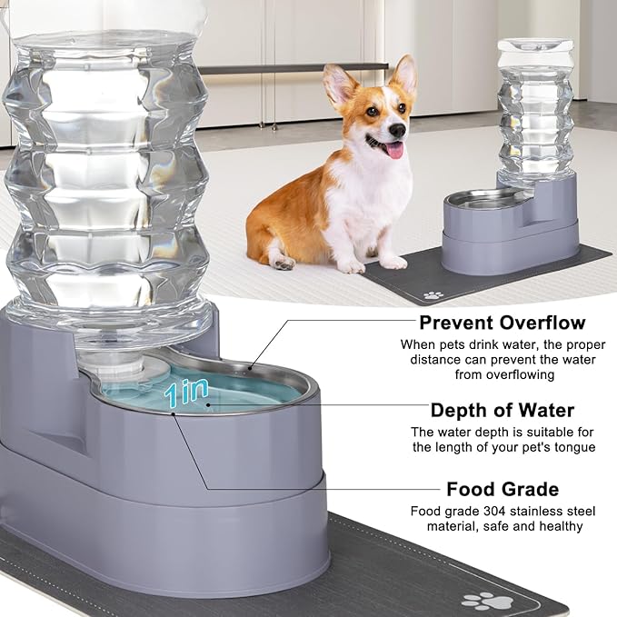 RIZZARI Large Water Dispenser for Dogs: 8L Gravity Gray Automatic Stainless Steel Waterer - 100% BPA Free - Raised Pet Feeder for Pet Dogs Indoor/Outdoor