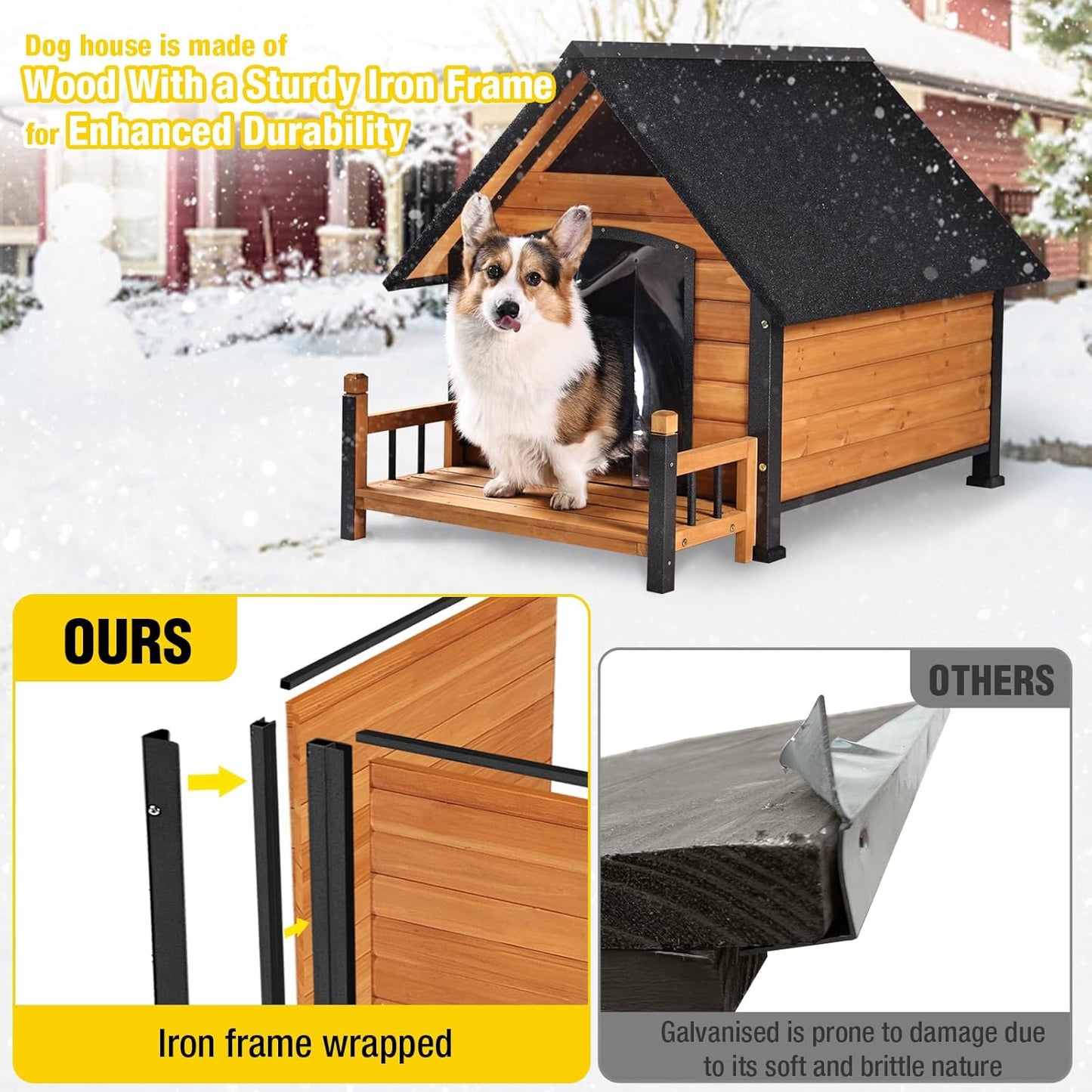 AIVITUVIN Outdoor Dog House Insulated Liner with Anti-Chewing Iron Surround Dog Kennel Dog Shelter Weatherproof (Brown, 45" D x 32.9" W x 32.6" H)