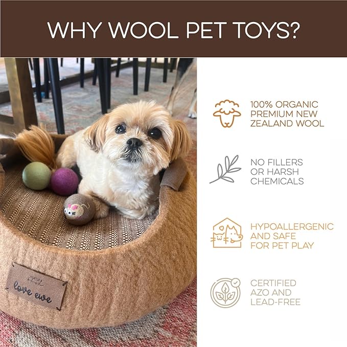 Hustle & Blush Wool Felt Balls 3 Pack Love Ewe Pet Supplies - 2in Cat Toys 100% New Zealand Wool, Handmade Colorful Balls for Cats - Flower and Bee