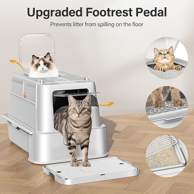 Enclosed Stainless Steel Cat Litter Box with Lid，XL Large Metal Cat Box with Drawer for Big Cats,Top Exit Kitty Litter Box Includes Scoop, Filter Pedal,Odor Control, Easy Cleaning