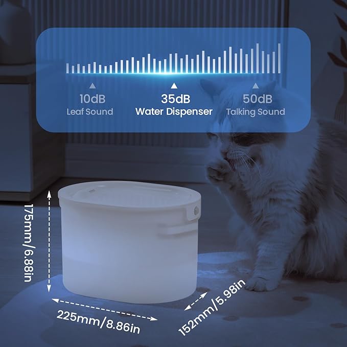 Cat Water Fountain 77.8Oz/2.3L Capacity Cat Fountain for Drinking - Wireless, Quiet, Multiple Pets