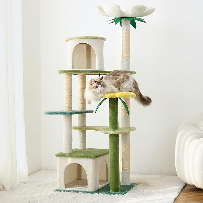 HYABi 64-Inch Cute Avocado Flower Large Tall Garden Cat Tree Tower Condo House Furniture Bed Plush Ball Activity Platform Multi-Level with Scratching Posts for Indoor Cats Play