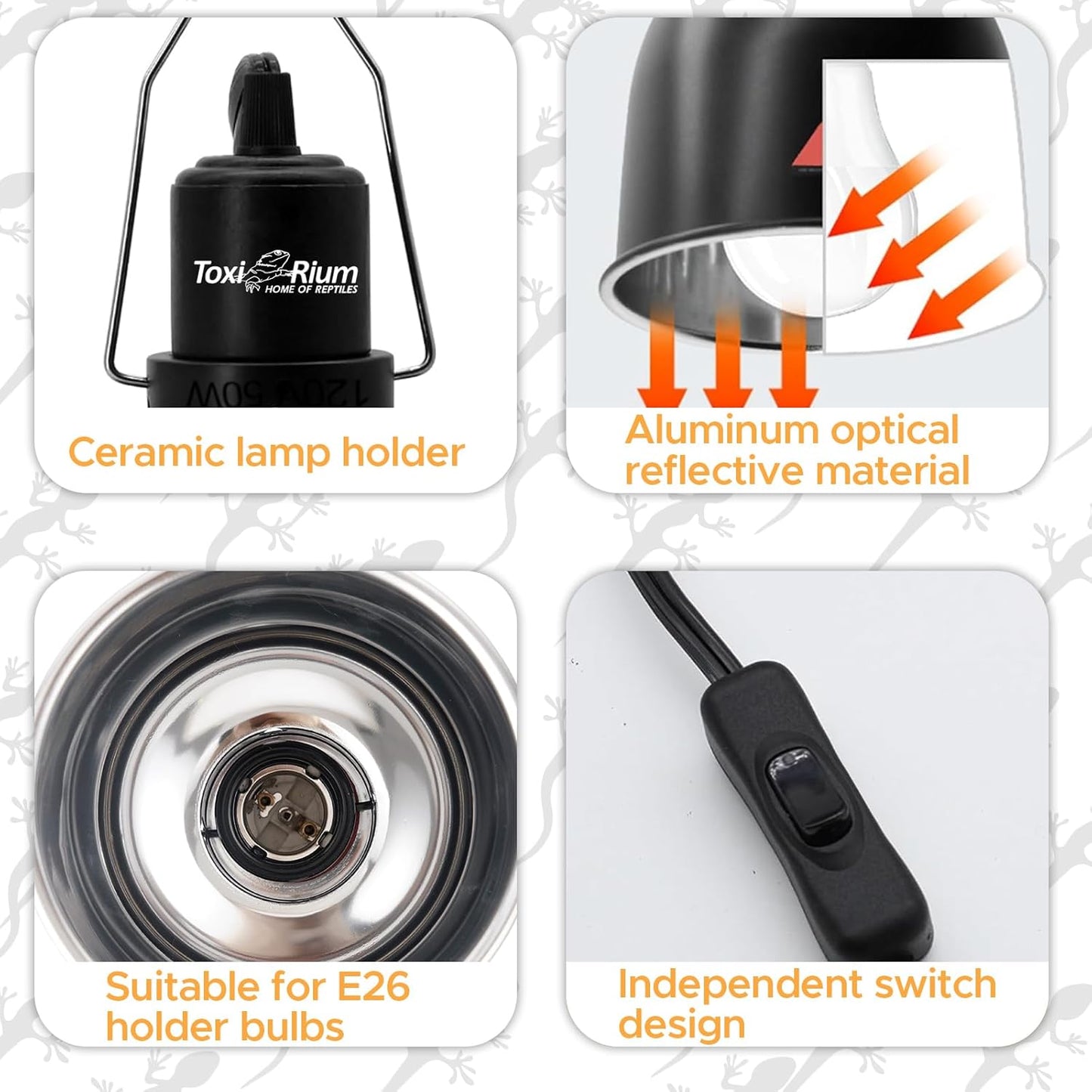 Reptile Light Fixture, 2-Pack 5.5-Inch Deep Dome Lamp Caps with Optical Reflection Cover, Heat-Resistant Design for Reptile Enclosures, Terrariums, and Amphibian Habitats