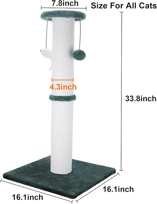 Cat Scratching Post 34 Inches Heavy Duty and Thicker Cat Scratching Post Sisal Rope with Hanging Ball and Mice Scratching Post for Indoor Cats and Adult(Green)