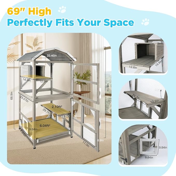 71'' Large Cat House Outdoor Catio Enclosures Indoor Kitten Cages with Attachable Window Resting Box,Waterproof Roof