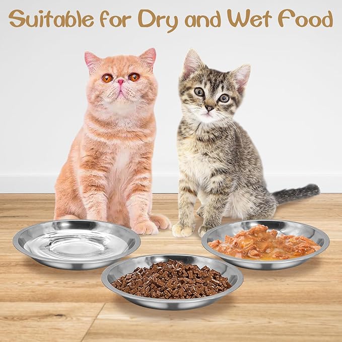 kathson Shallow Stainless Steel Cat Bowls 12 Pcs Whisker Fatigue Cat Dishes Flat Dog Feeding Saucers Pet Food and Water Plate Set for Kitten Puppy and Other Small Animals (6.3 Inch Dia.)