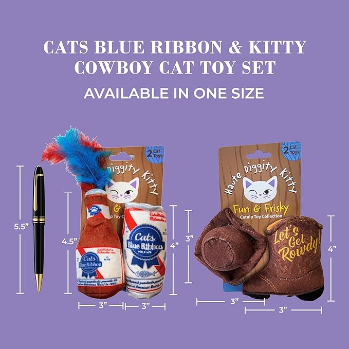 Cats Blue Ribbon + Kitty Cowboy Set, Plush Cat Toys Catnip Filled with Interactive Crackle Sound, Safe & Durable Toys for Cat & Kitten, 4 Pcs