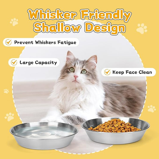 4-Pack Stainless Steel Cat Food Bowls – Deep Whisker-Friendly Non-Slip Silicone Base,Easy to Clean Indoor Feeding Dishes(5.9")