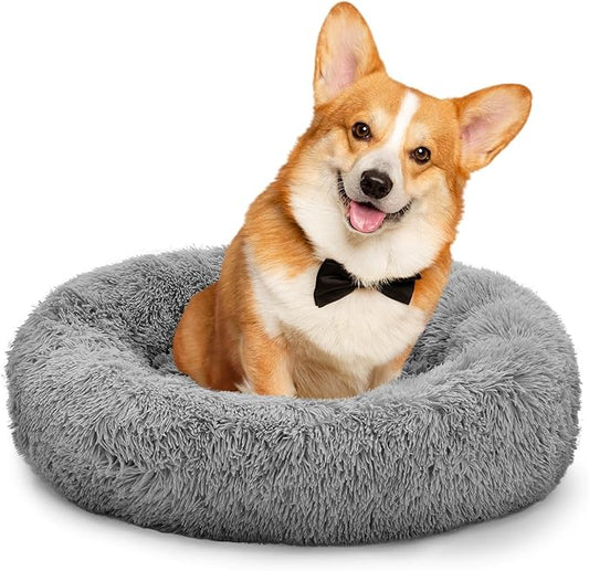Athena Collection Washable Dog Bed Medium Size Dog, Cat Bed for Indoor Cats, 31 Inches Fluffy Faux Fur Round Pet Bed Calming Cozy Soft Warming Donut for Medium Puppy Kitten, Grey