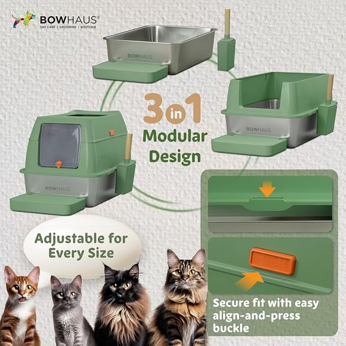 XL 3 in 1 Enclosed Extra Large Metal Litter Box w/Lid, Stainless Steel Cat Litter Box, Odorless Steel Litter Pan, Anti-Leakage & Easy Clean, High Sided Metal Litter Box w/Scoop, Green