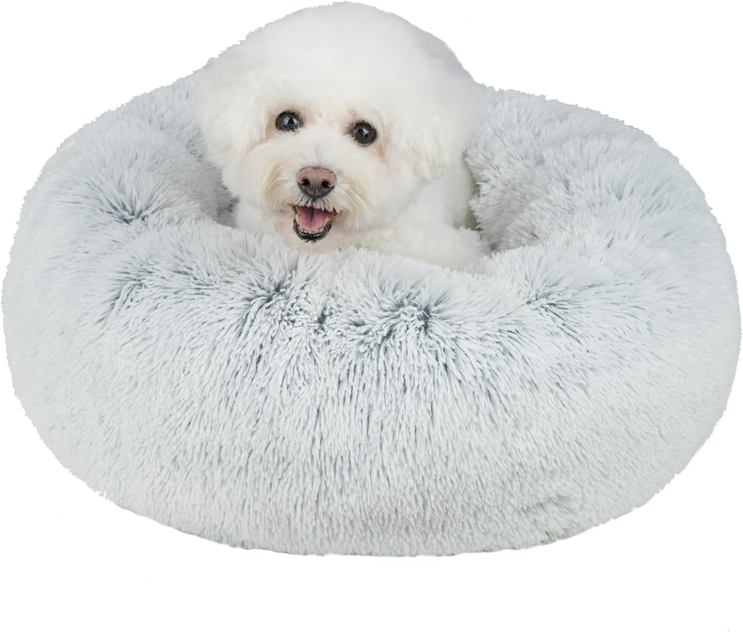 Best Pet Supplies Round Donut Dog Bed with Plush Faux Fur Fabric, Calming, Anti-Anxiety Cushion for Indoor Pets, Slip-Resistant Base, Soft Ergonomic Support - Light Warm Gray, 24x24x7''