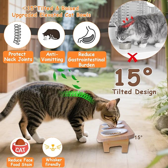 3 Elevated Cat Food and Water Bowl Set with Stand,15°Tilted Raised Pet Bowlfor Kittens/Puppy with 3 Ceremic Dishes, Indoor Cat Food Bowl，Anti-Vomit & Whisker Fatigue Relief, Dishwasher Safe