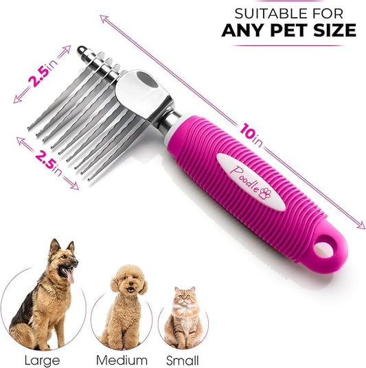 Poodle Dematting Fur Rake Comb Brush for Dogs and Cats - Long 2.5" Steel Safety Blades Metal Comb for Detangling Matted or Knotted Undercoat Hair