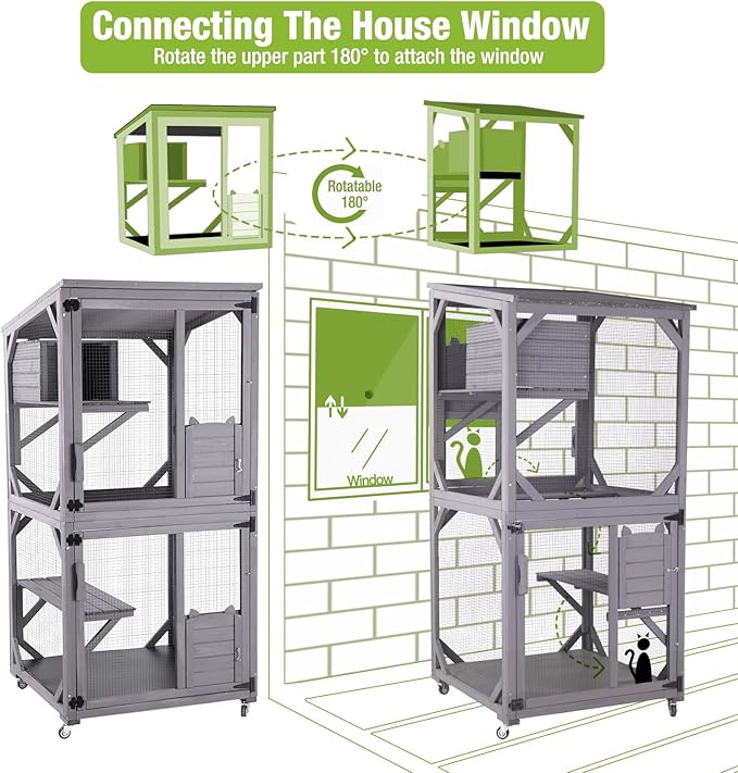 GUTINNEEN Cat House Outdoor Cage Cat Enclosure on Wheels,Large Wooden Kitty Catio with Resting Box,PVC Layer
