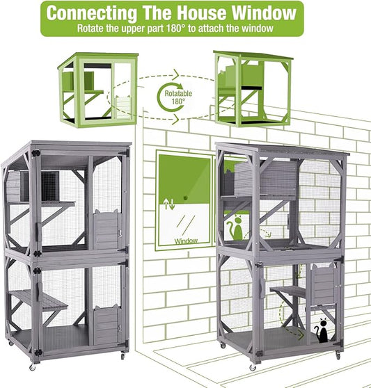 GUTINNEEN Cat House Outdoor Cage Cat Enclosure on Wheels,Large Wooden Kitty Catio with Resting Box,PVC Layer