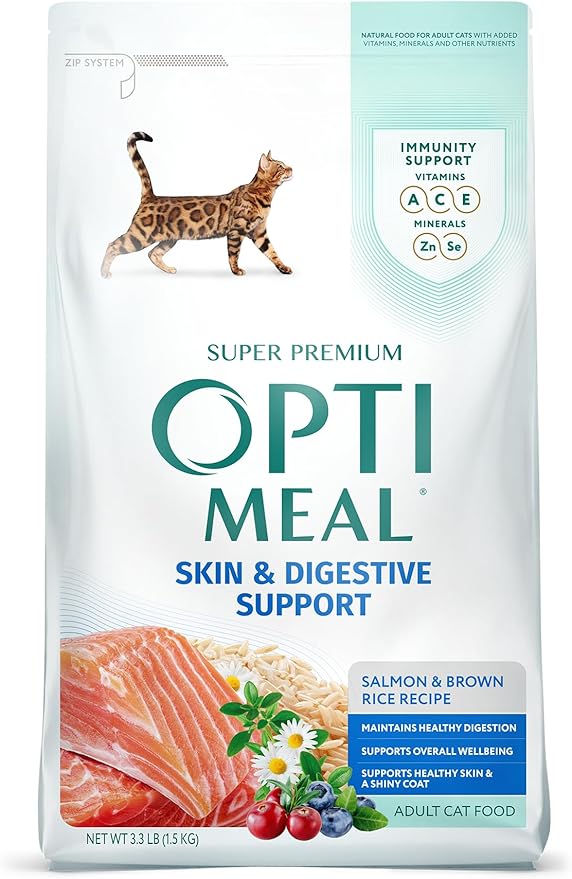 Optimeal Sensitive Stomach Dry Cat Food Recipe for Skin & Digestive Support, Premium Nutrition Made with Natural Ingredients for Adult Cats, Healthy Digestion (3.3 lbs, Salmon & Brown Rice)