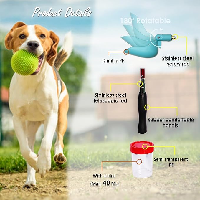 QMARK Telescopic Urine Collector, Reusable Dog Urine Sample Catcher, Cat Pee Stick for Veterinary Supplies, with 2 Collection Cups (Rotatable)