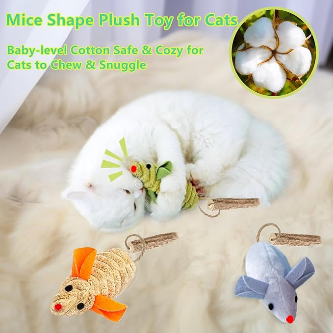 Cat Toys, 3 Mice Catnip Toy Crinkle Sound for Indoor Cat with Silvervine Chew Stick for Dental Chirping Mouse Plush Kitten Cleaning Teeth Matatabi Bite Interactive Cat Kitty Gifts
