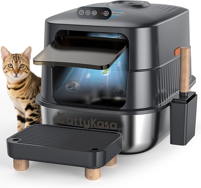 Odor Control XL Stainless Steel Litter Box，3-in-1 Enclosed High Sided Litter Box with High Lid for Big Cats，Non-Sticky，Anti-Leakage，Easy Clean，with Scoop & Filter Pedal