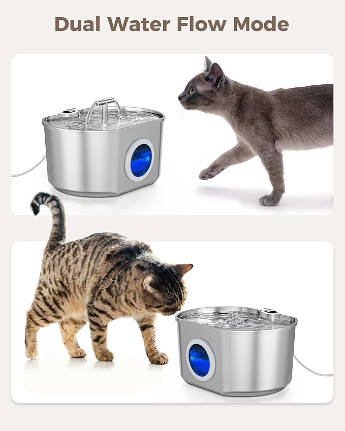 Cat Water Fountain Stainless Steel - Pet Drinking Fountain for Cats Indoor - 2.2L/74oz Automatic Water Dispenser with Watering Level Window (4 Filters)
