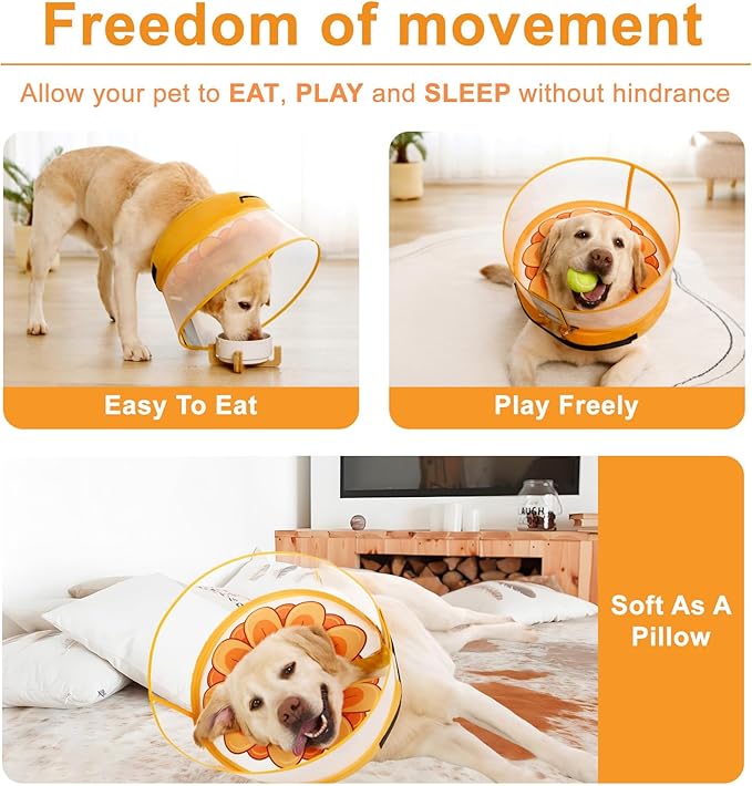 Inflatable Dog Cone Collar with Enhanced Anti-Licking, Soft Neck Donut for Dogs Cats, Recovery Pet Cone Collar After Surgery for Large Medium Small Dogs (Yellow Flower, Large)