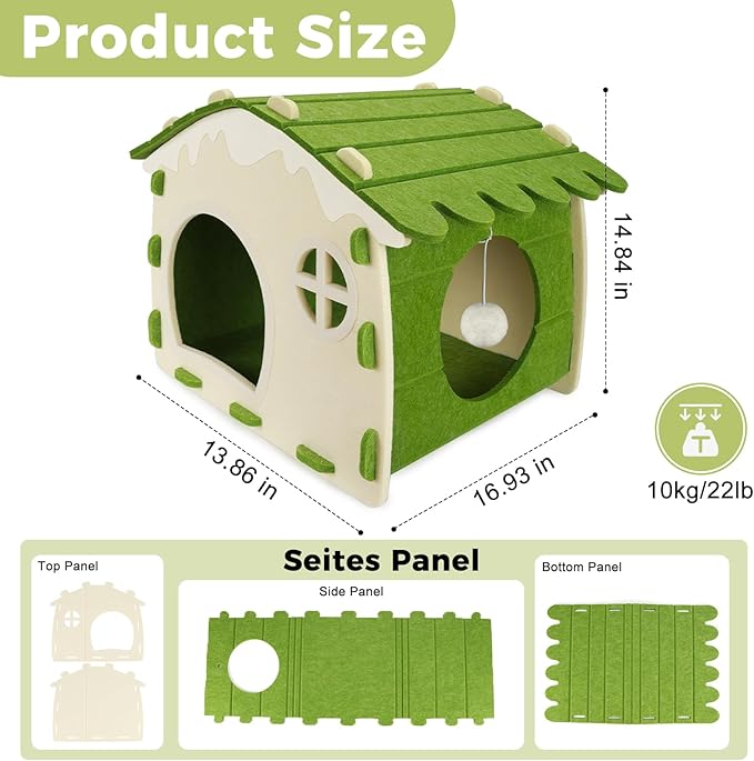 Babepets Cat House for Indoor Cats, Medium Felt Bed Cave with Ball Hanging, Foldable Detachable Cats Condo, Scratch Resistant Hideaway for Multiple Pets up to 20Lbs, House Cat Playhouse, Army Green
