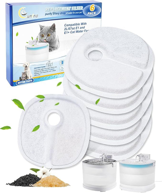 Cat Fountain Filter Replacement - 6 Pack Multilayer Filters for 2L/67oz E & E1+ Automatic Cat Water Dispenser