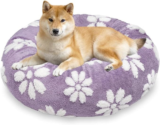 Donut Dog Beds for Medium Dogs, Calming Round Cat Beds for Indoor Cats, Cute 3D Textured Flower Pet Bed with Removable Washable Cover and Anti-Slip Bottom（Purple，30"）