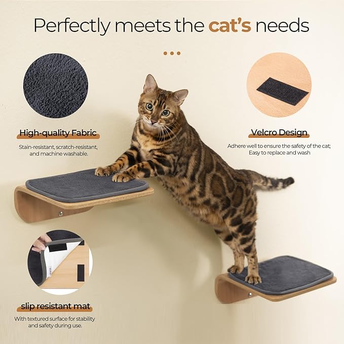 Cat Wall Shelves,Cat Wall Steps and Perch,Stairs,Ladders,Nest,Bed,Modern Wooden Floating Climbing Furniture for Hopping and Sleeping,with Scratching Cushion（Step）