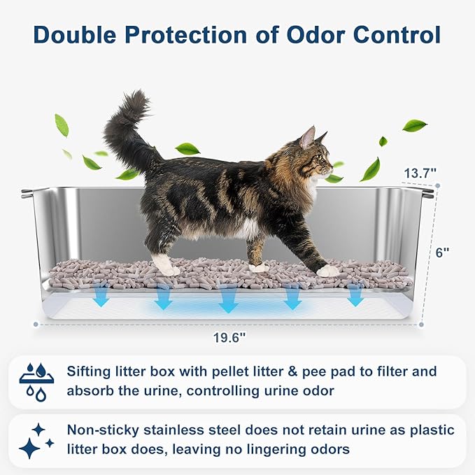 19.6''x13.7''x12'' Stainless Steel Litter Box with Lid, Sifting Cat Litter Box for Pine Pellets, High Sides Metal Litter Pan for High Peeing Cats, Anti-Leakage, Easy Cleaning, Less Tracking