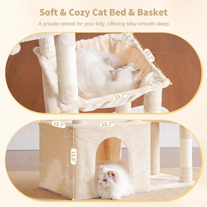 Heybly Heavy Duty Cat Tree, Tower for Indoor Cats Large Adult, Tall Cat Condo House with Extra-Large Baseboard, Multi-Level Plush Furniture with Scratching Posts, Hammock, Toy Ball, Beige HCT026M