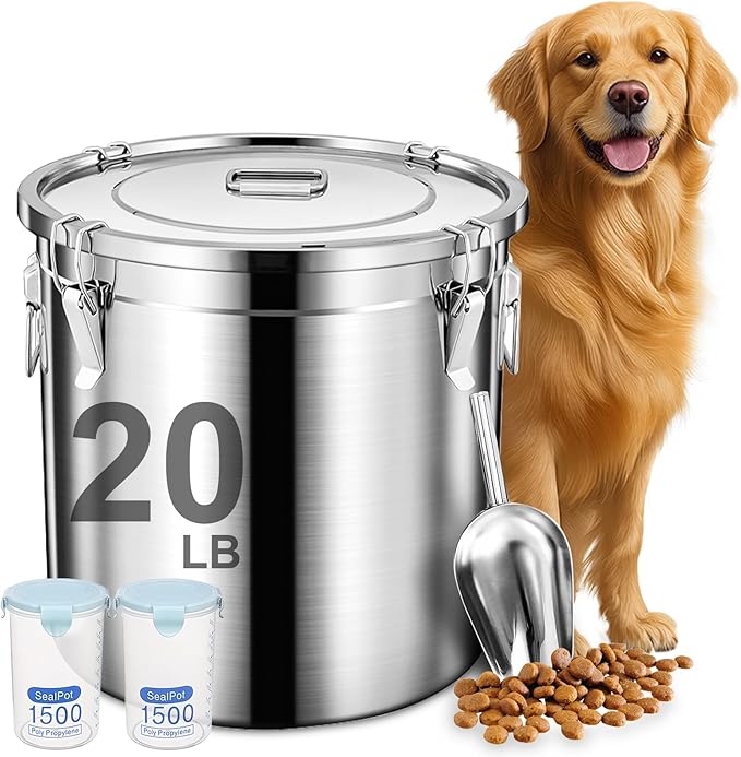 Dog Food Storage Containers, Large Stainless Steel Pet Food Storage Containers 20 lb / 9 kg to Keep Fresh, Metal Airtight Cat Food Containers With Scoop and 2 Small Containers