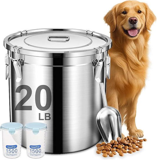 Dog Food Storage Containers, Large Stainless Steel Pet Food Storage Containers 20 lb / 9 kg to Keep Fresh, Metal Airtight Cat Food Containers With Scoop and 2 Small Containers