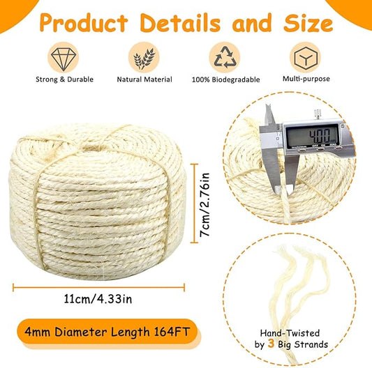 Sisal Rope for Cat Scratcher, 1/6" mm Diameter 164 FT Cat Natural Sisal Rope for Repairing, Cat Scratching Post, Cat Tower Repair Rope, Cat Tree Rope Replace, Recovering and DIY