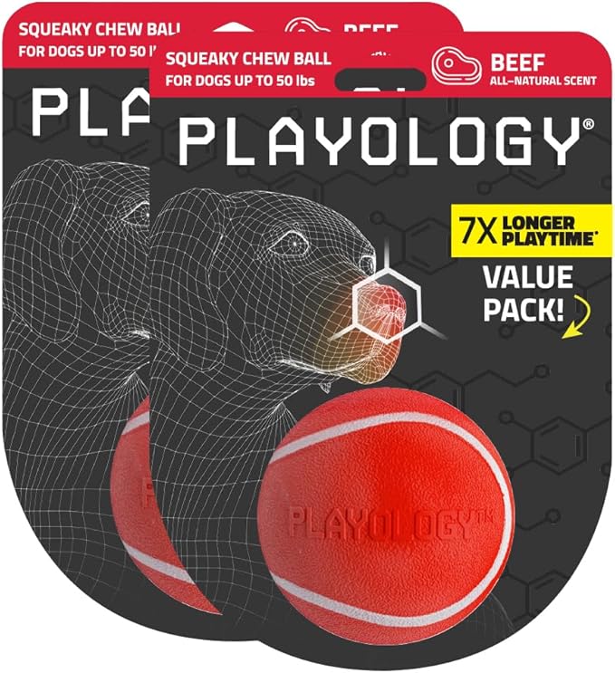 Playology Dog Toys | Squeaky Chew Ball - Squeaky and Bouncy Durable Floating Fetch Ball for Dogs (Value 2-Pack) | Medium Bacon Scented Toy - Easy to Clean and Made from Non Toxic Materials