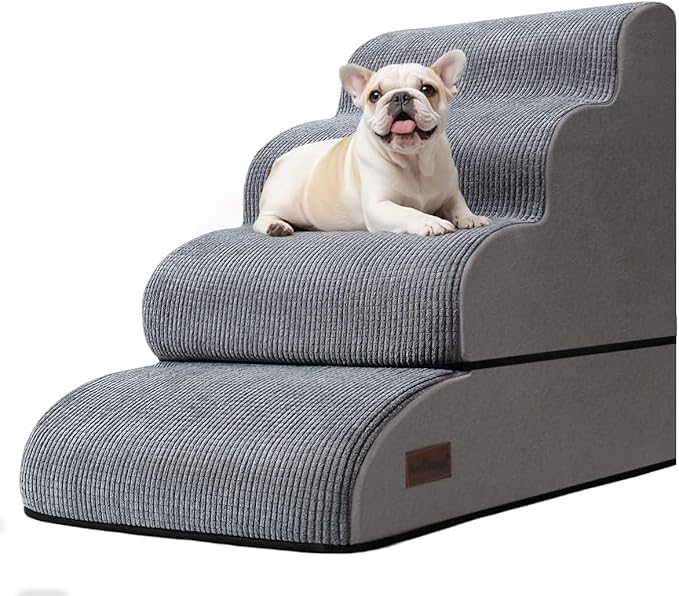4-Step Dog Stairs and Ramp for Beds or Couches – Non-Slip Sturdy Pet Steps for Small Dogs and Cats,21" H,Grey