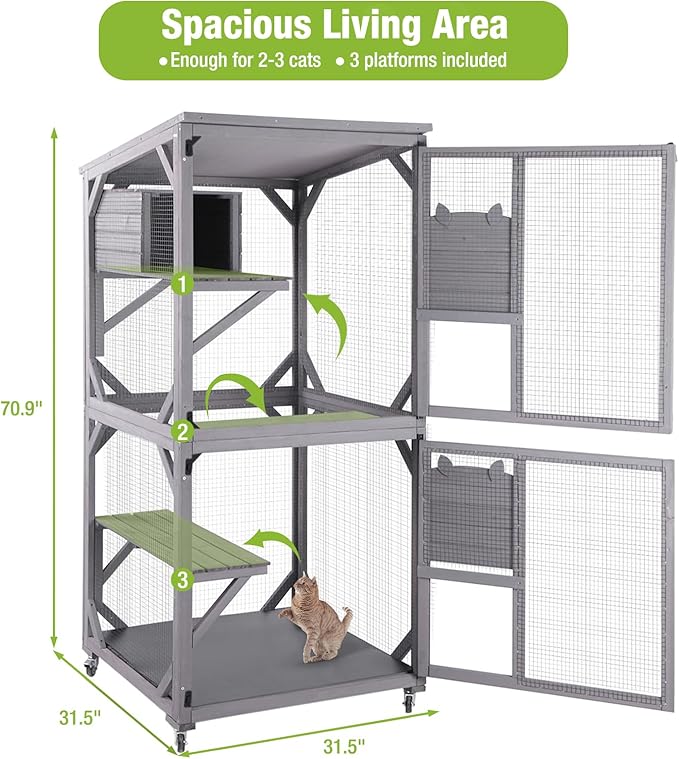 GUTINNEEN Cat House Outdoor Cage Cat Enclosure on Wheels,Large Wooden Kitty Catio with Resting Box,PVC Layer