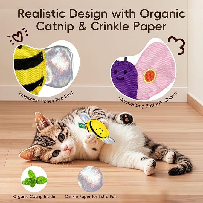 Pet Butterfly & Honey Bee Cat Toy Set – 2-Pack Interactive Plush Toys for Cats | Eco-Friendly REPT Material | Catnip-Infused, Durable, Safe, and Fun