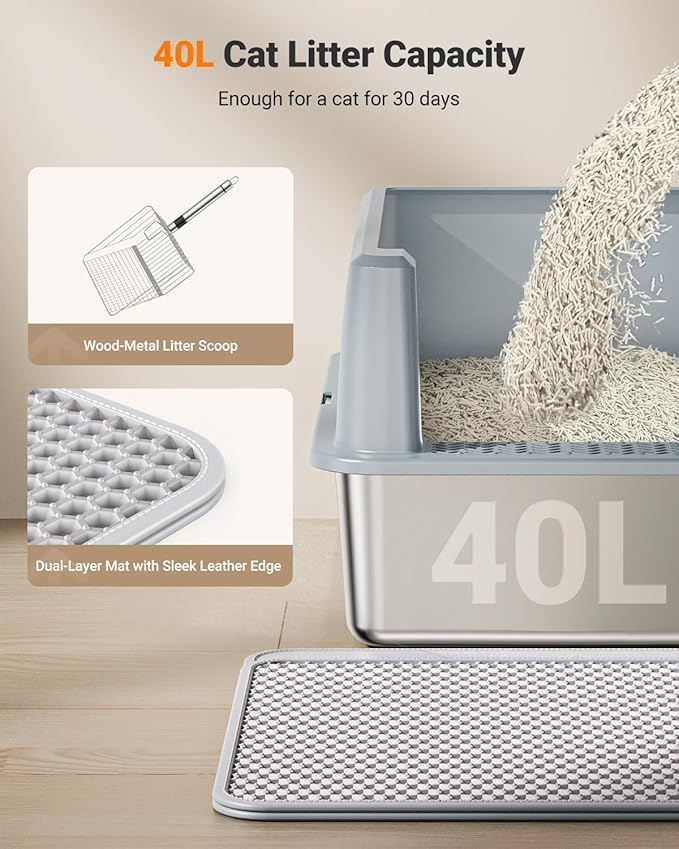 XL Stainless Steel Litter Box, Large Metal Cat Litter Box with High Sided for Big Cats, Enclosed Litter Boxes with Lid, Easy-Clean Cat Litter Mat & Scoop Kit, Non Sticky, Anti-Urine Leakage