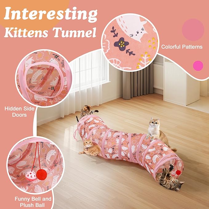 Pawaboo Cat Tunnel, S-Shaped Cat Tube Tunnel 25 * 97cm(9.8''*38.2'') with Balls and Bells, Collapsible Portable Kitten Play Tent Toy Interactive Cats House with Peep Holes for Kitty, Pink Kitties